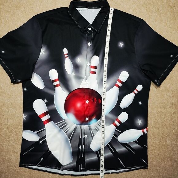 Bowling Graphic Black Button Down Short Sleeve Shirt #4 - Picture 5 of 6